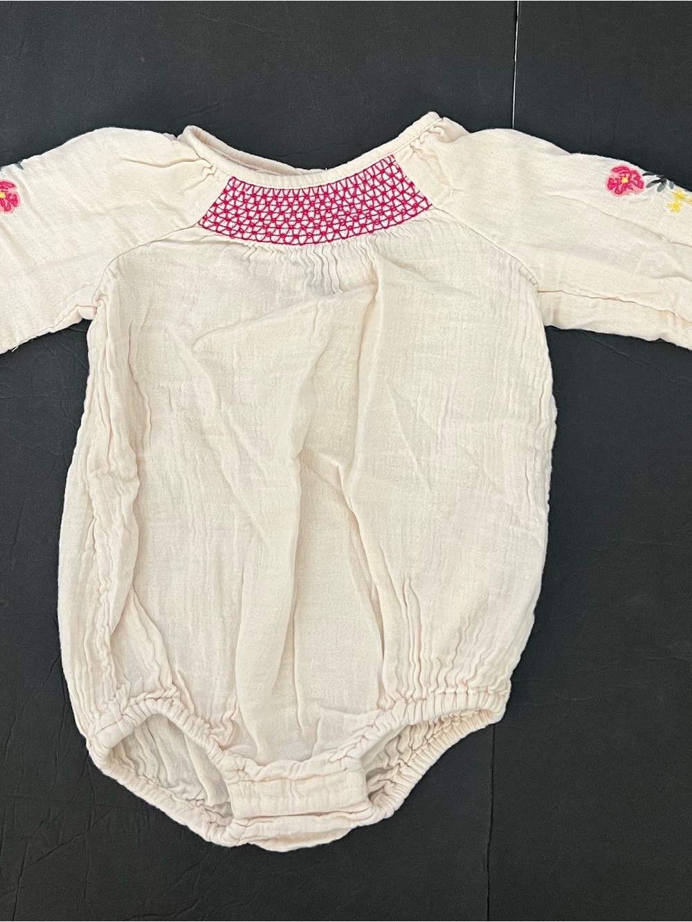 18-24M Old Navy Cream Baby One-Piece with Pink Embroidered Neck & Sleeve Detail